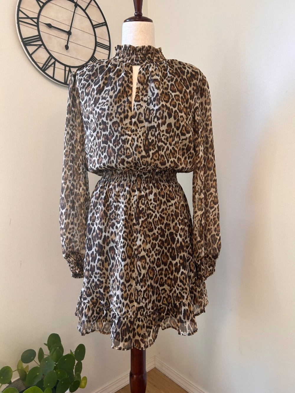 Charles Henry Smocked Cutout Leopard Mini Dress M NWOT